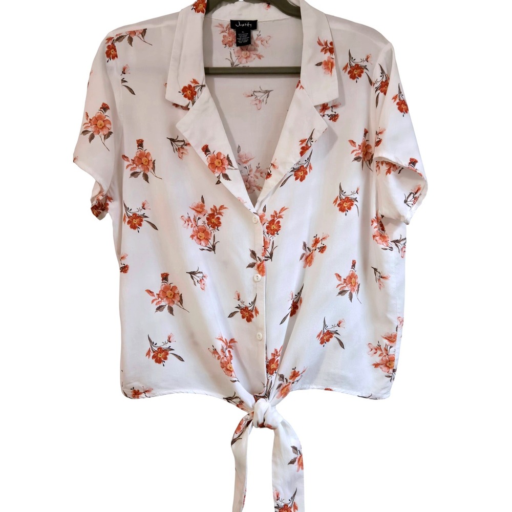 Boho Floral Justify Tie Front Button Down Blouse White Terracotta Rayon  XL